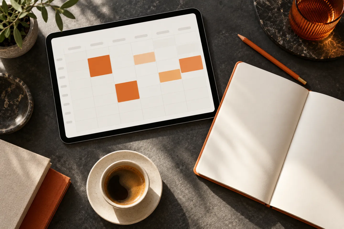 Tableta con una cuadrícula de calendario sobre un escritorio.