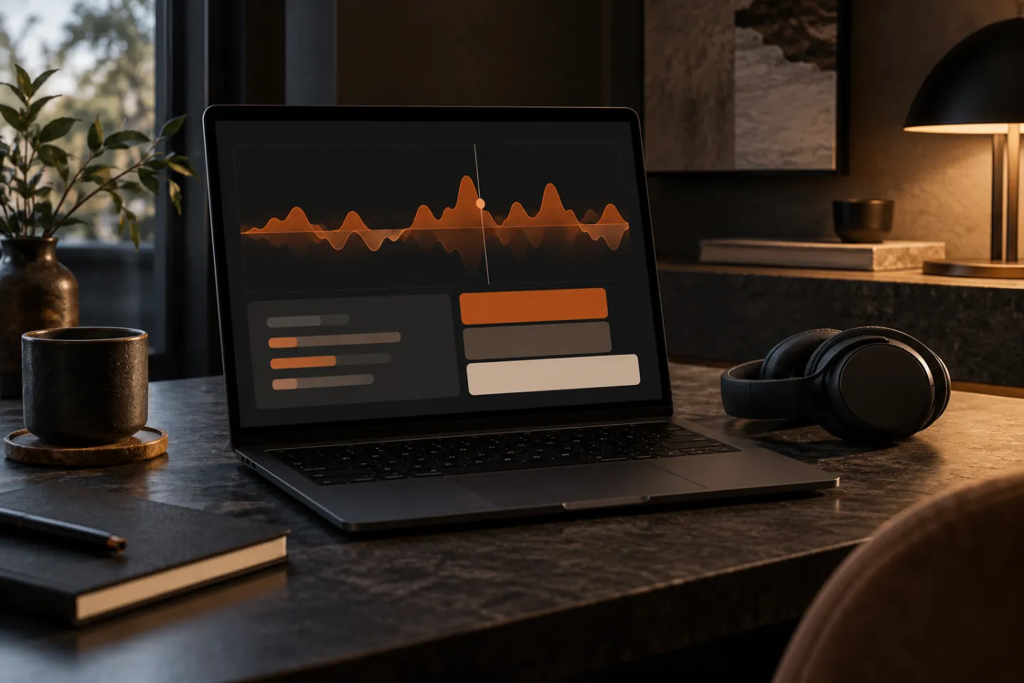 Computadora con una onda de audio y bloques visuales de resumen.