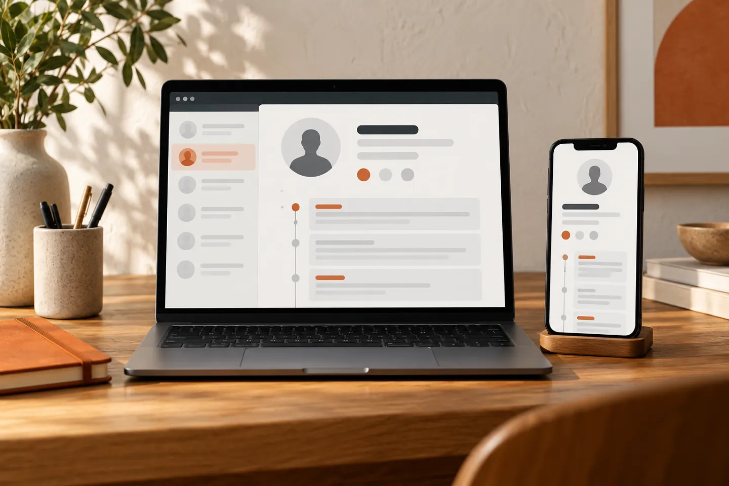 Computadora y teléfono con una representación de ficha de contacto e historial.