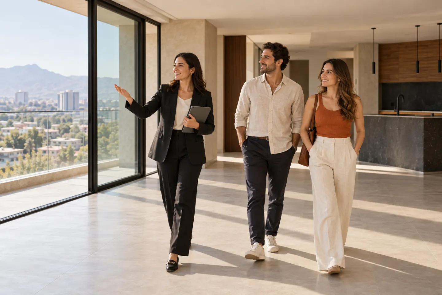 Asesor y pareja ficticios recorriendo un departamento contemporáneo en México.