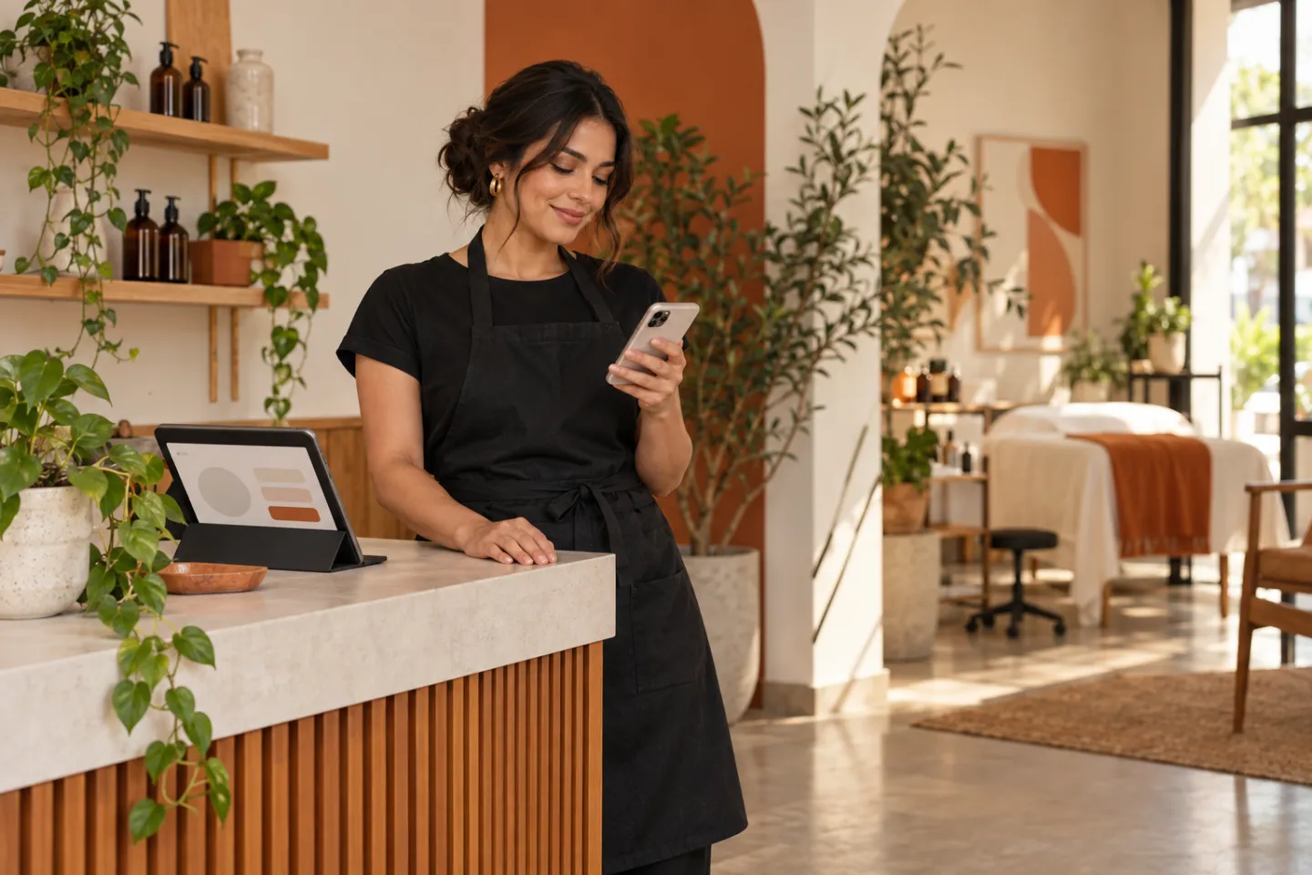 Profesional mexicana revisando su teléfono en la recepción de un estudio de servicios.