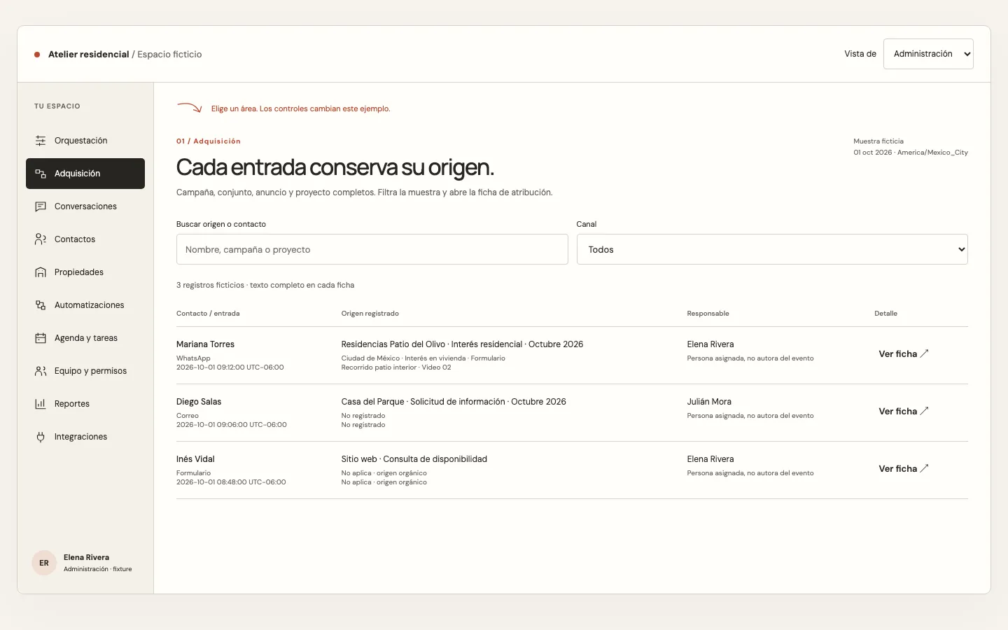 Interfaz real de la propuesta de adquisición y atribución, con datos ficticios y controles navegables.