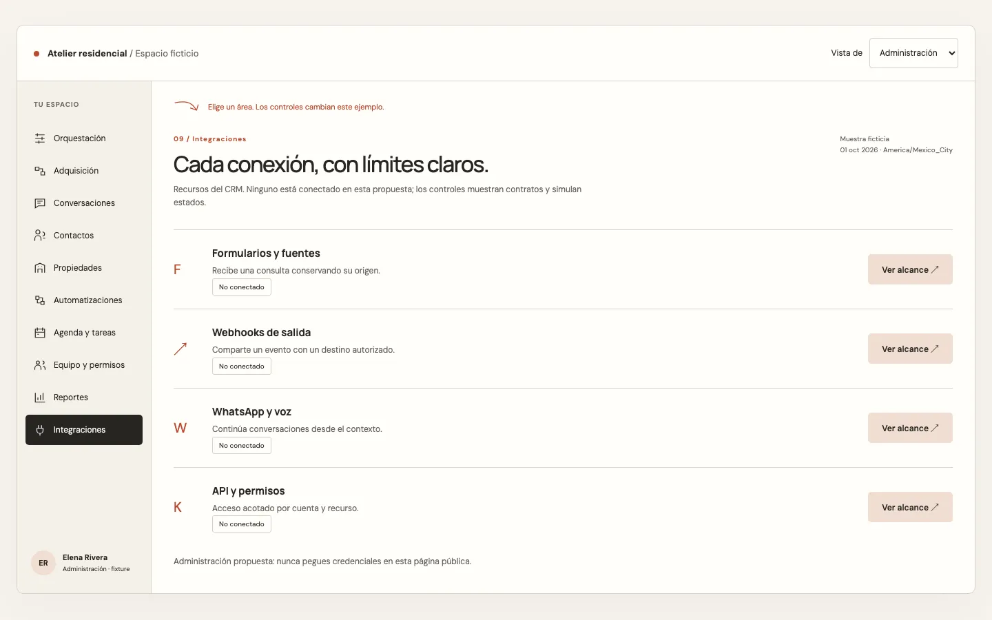 Interfaz real de la propuesta de integraciones y recursos, con datos ficticios y controles navegables.