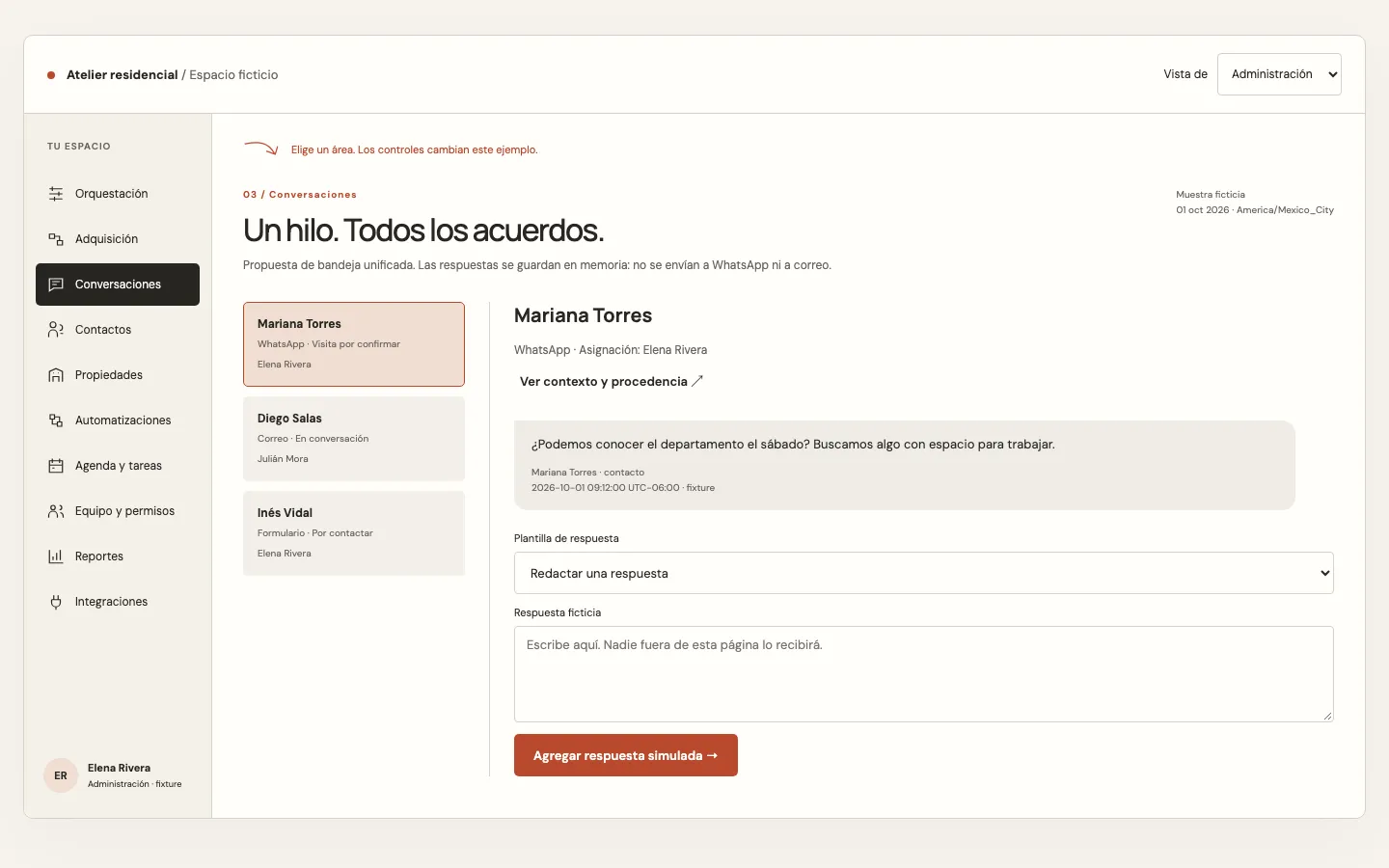 Interfaz real de la propuesta de conversaciones unificadas, con datos ficticios y controles navegables.