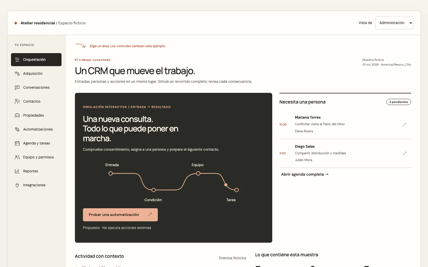 Interfaz de la mesa de orquestación con automatización, tareas y áreas del CRM en la barra lateral.