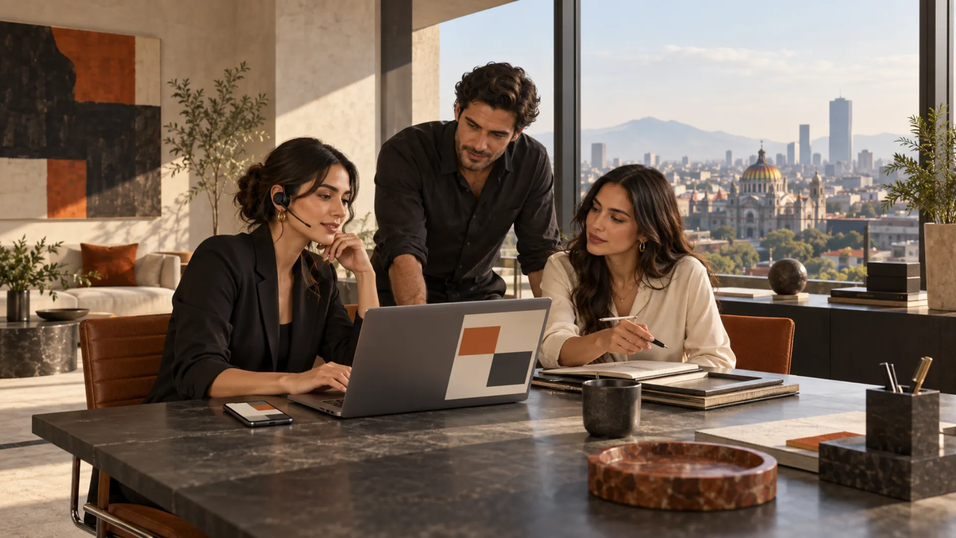 Equipo comercial ficticio colaborando en una oficina luminosa en Ciudad de México.