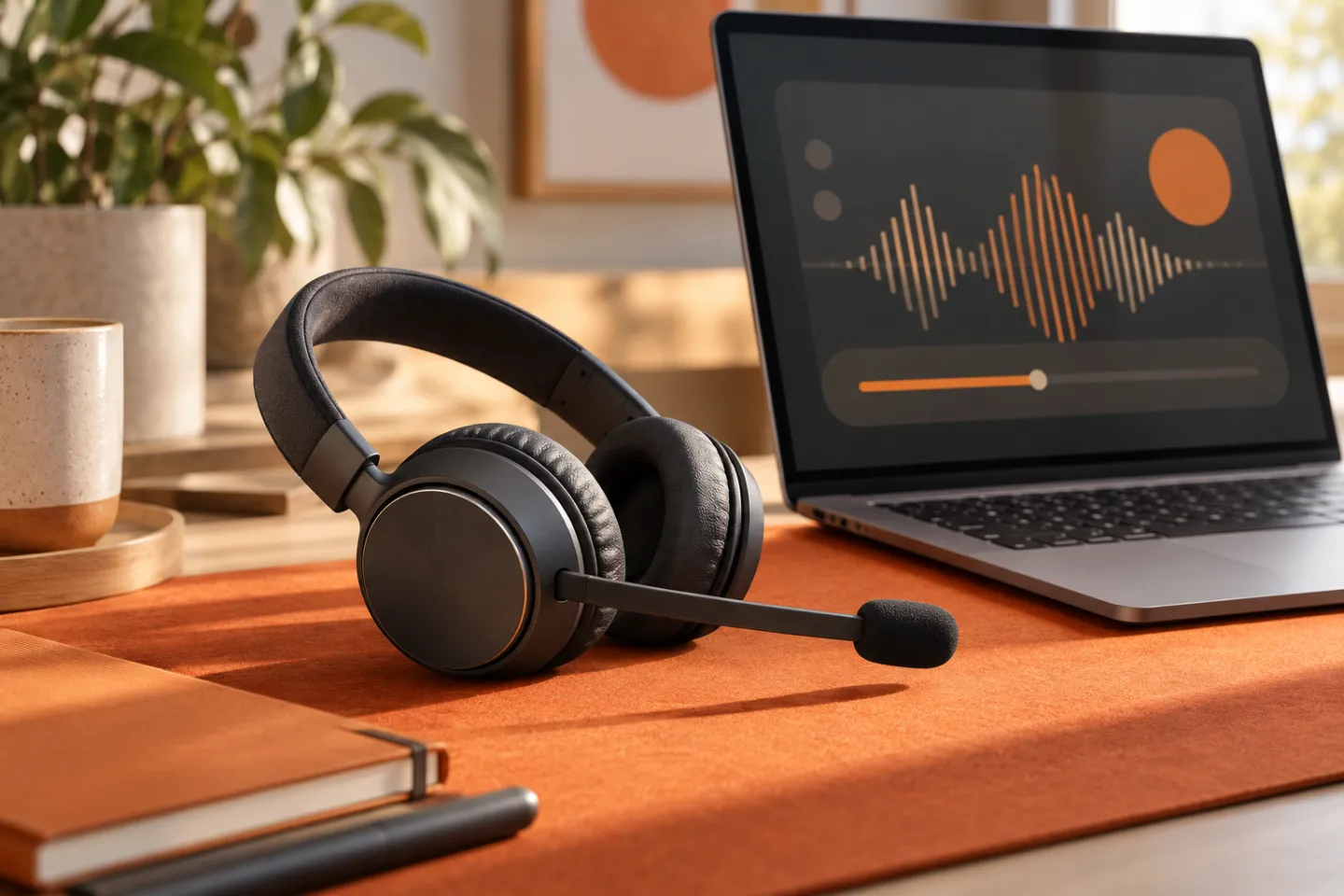 Audífonos con micrófono junto a una computadora con una onda de audio abstracta.