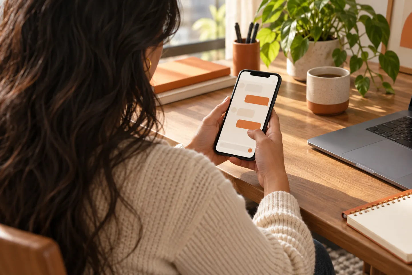 Asesora sosteniendo un teléfono con una conversación visual sin datos personales.